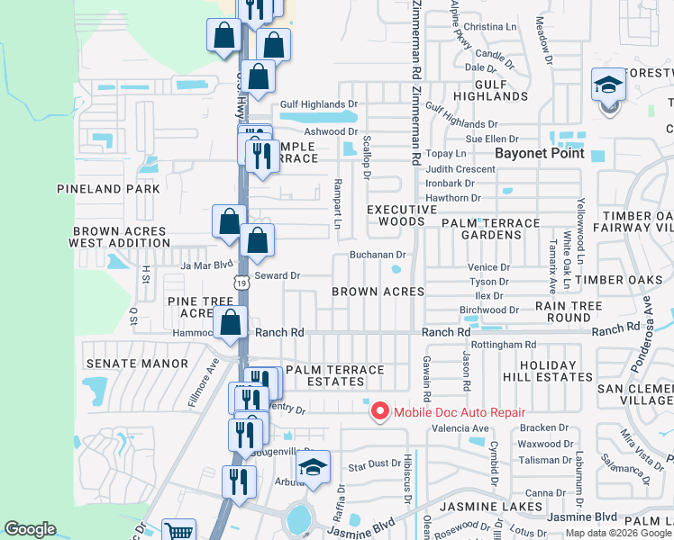 map of restaurants, bars, coffee shops, grocery stores, and more near 11134 Grant Drive in Port Richey