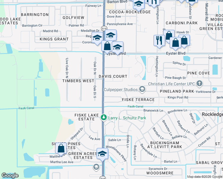 map of restaurants, bars, coffee shops, grocery stores, and more near 992 Pineland Drive in Rockledge