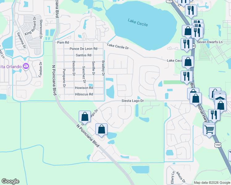 map of restaurants, bars, coffee shops, grocery stores, and more near 2699 Chatham Circle in Kissimmee