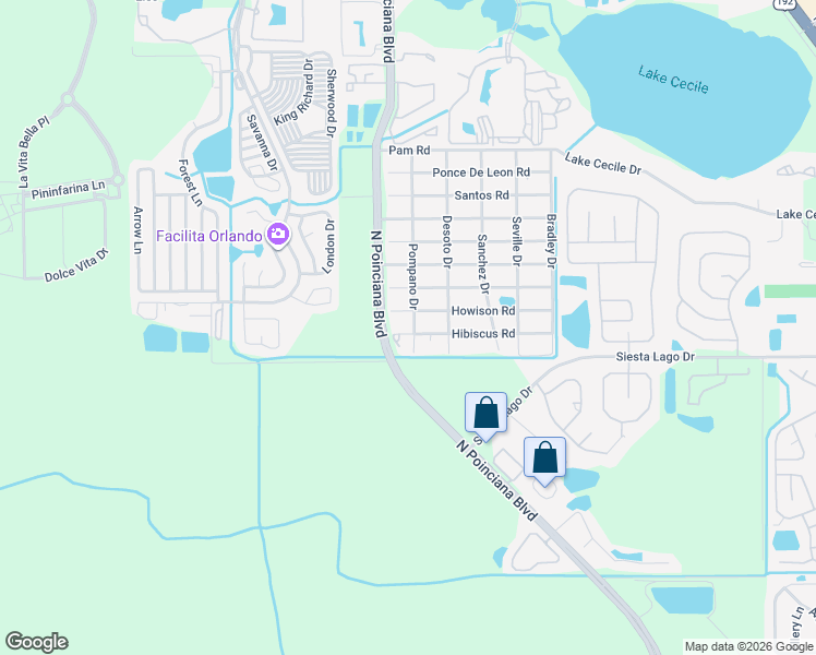 map of restaurants, bars, coffee shops, grocery stores, and more near 2550 Pompano Drive in Kissimmee