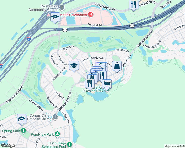 map of restaurants, bars, coffee shops, grocery stores, and more near 512 Water Street in Kissimmee