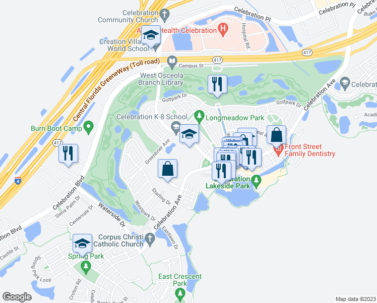 map of restaurants, bars, coffee shops, grocery stores, and more near 510 Campus Street in Kissimmee