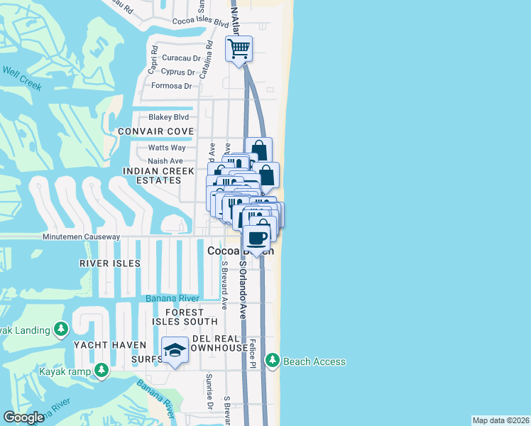 map of restaurants, bars, coffee shops, grocery stores, and more near 99 North Atlantic Avenue in Cocoa Beach