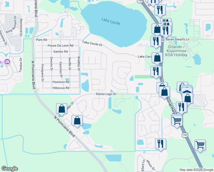 map of restaurants, bars, coffee shops, grocery stores, and more near 4872 Jamaica Lane in Kissimmee
