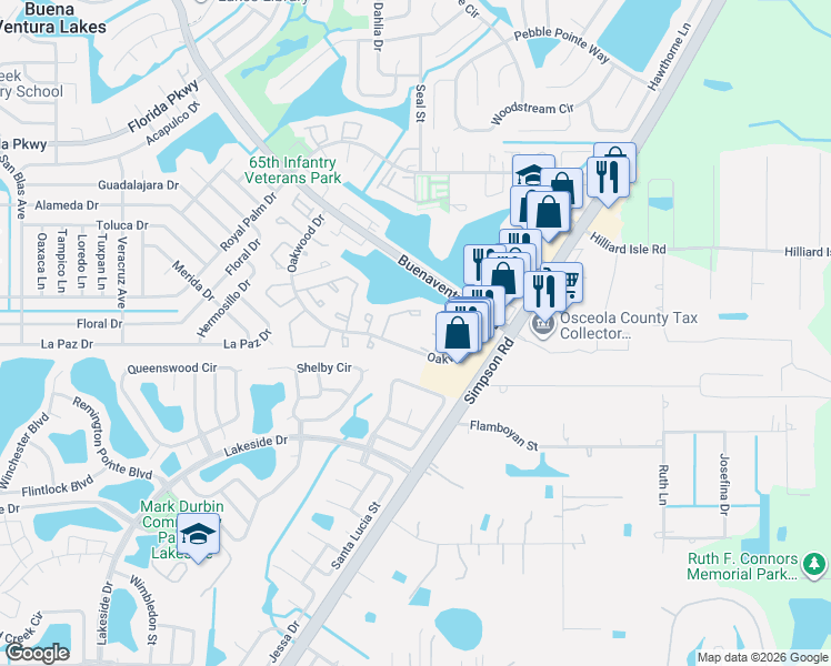 map of restaurants, bars, coffee shops, grocery stores, and more near 62 South Marbrisa Way in Kissimmee