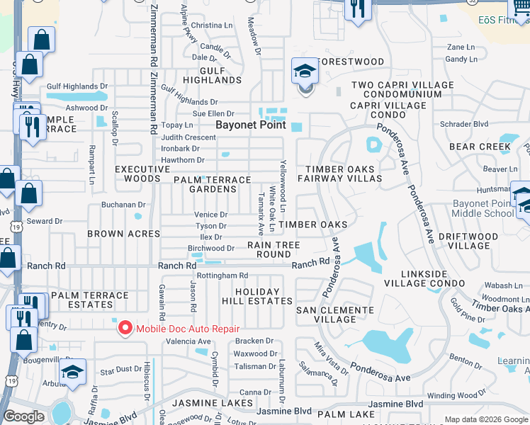 map of restaurants, bars, coffee shops, grocery stores, and more near 11210 Tamarix Avenue in Port Richey