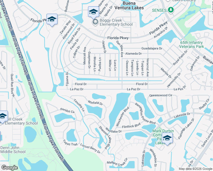 map of restaurants, bars, coffee shops, grocery stores, and more near 596 Floral Drive in Kissimmee