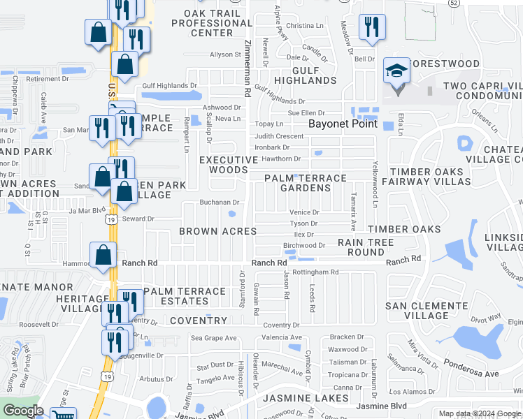 map of restaurants, bars, coffee shops, grocery stores, and more near 11201 Kapok Avenue in Port Richey