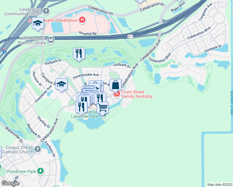 map of restaurants, bars, coffee shops, grocery stores, and more near 2 Celebration Avenue in Celebration