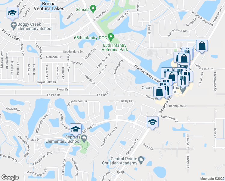 map of restaurants, bars, coffee shops, grocery stores, and more near 26 Silver Park Circle in Kissimmee