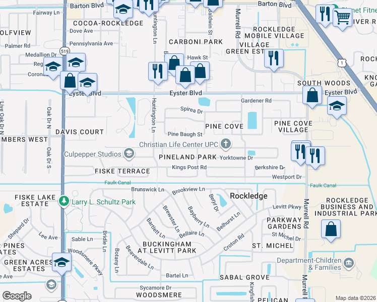 map of restaurants, bars, coffee shops, grocery stores, and more near 921 Jamestown Drive in Rockledge
