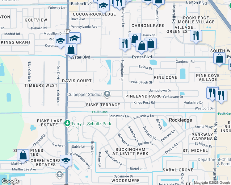 map of restaurants, bars, coffee shops, grocery stores, and more near 948 Pineland Drive in Rockledge