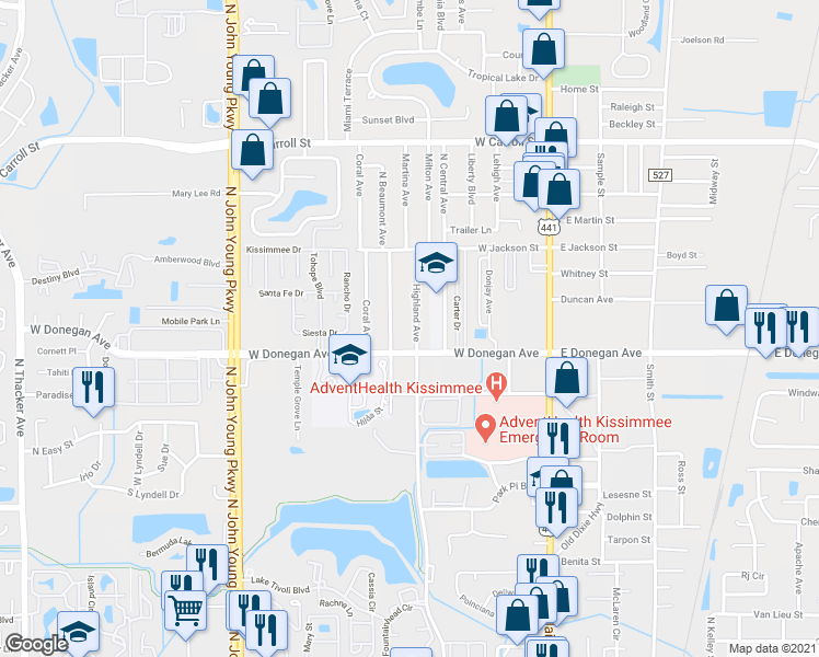 map of restaurants, bars, coffee shops, grocery stores, and more near 2509 North Beaumont Avenue in Kissimmee