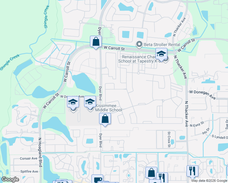 map of restaurants, bars, coffee shops, grocery stores, and more near 3022 Jardin Street in Kissimmee