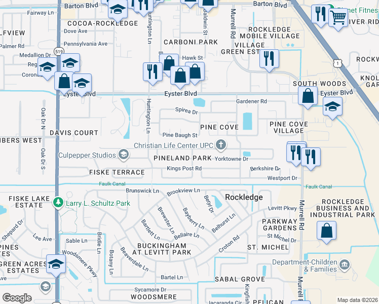 map of restaurants, bars, coffee shops, grocery stores, and more near 921 Jamestown Drive in Rockledge