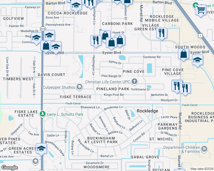 map of restaurants, bars, coffee shops, grocery stores, and more near 933 Jamestown Drive in Rockledge