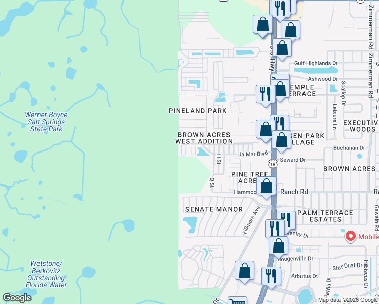 map of restaurants, bars, coffee shops, grocery stores, and more near 11208 O Street in Port Richey