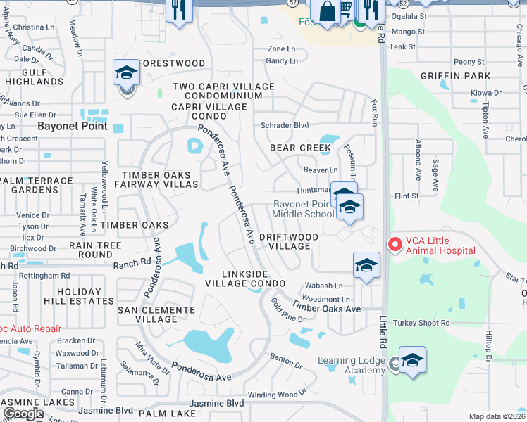 map of restaurants, bars, coffee shops, grocery stores, and more near 11204 Water Oak Drive in Port Richey