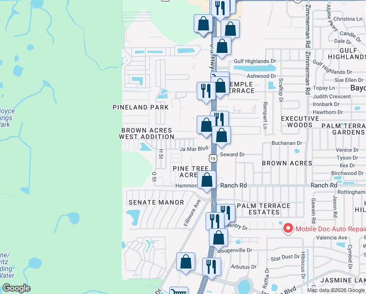 map of restaurants, bars, coffee shops, grocery stores, and more near 11207 C Street in Port Richey