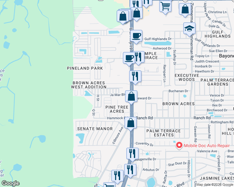 map of restaurants, bars, coffee shops, grocery stores, and more near 11207 C Street in Port Richey