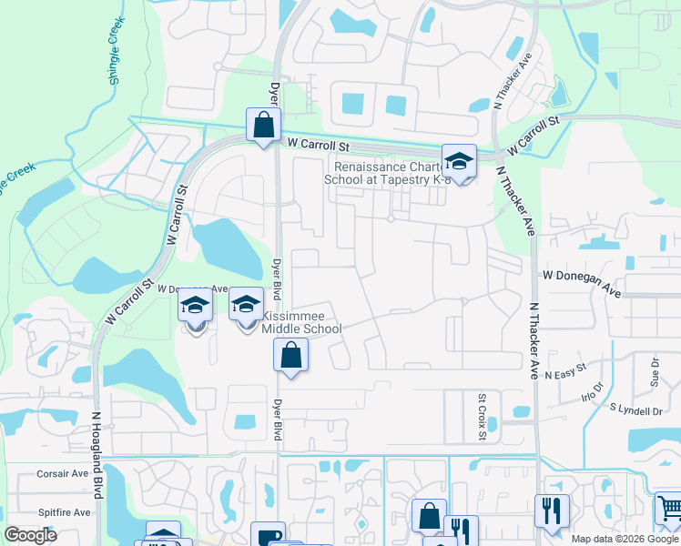 map of restaurants, bars, coffee shops, grocery stores, and more near 3004 Jardin Street in Kissimmee