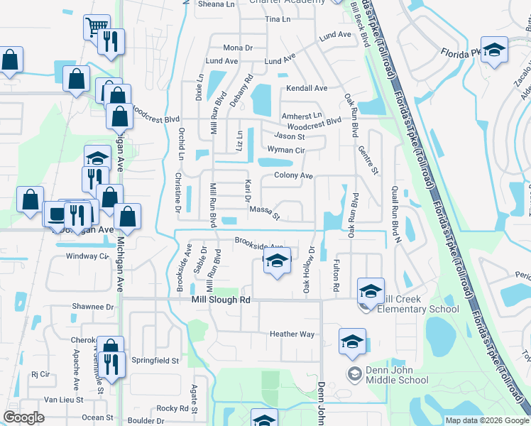 map of restaurants, bars, coffee shops, grocery stores, and more near 1518 Massa Street in Kissimmee