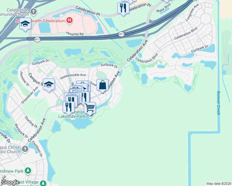 map of restaurants, bars, coffee shops, grocery stores, and more near 506 Mirasol Circle in Celebration