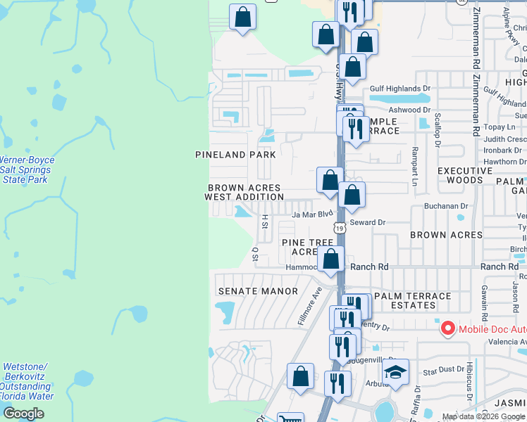 map of restaurants, bars, coffee shops, grocery stores, and more near 11209 H Street in Port Richey