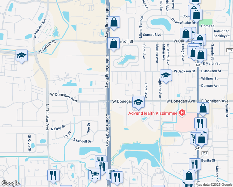 map of restaurants, bars, coffee shops, grocery stores, and more near 2511 North John Young Parkway in Kissimmee