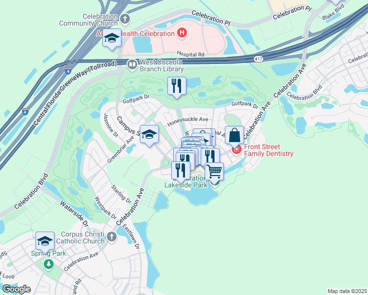 map of restaurants, bars, coffee shops, grocery stores, and more near 512 Water Street in Kissimmee