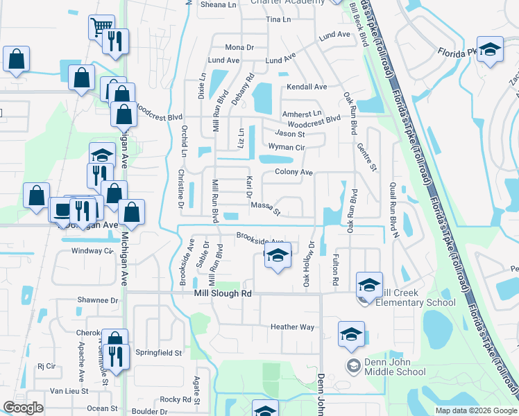 map of restaurants, bars, coffee shops, grocery stores, and more near 1518 Massa Street in Kissimmee