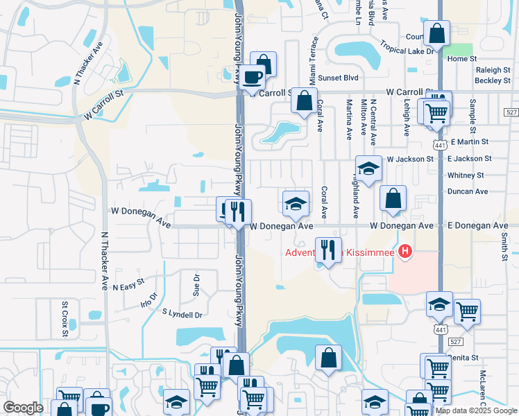 map of restaurants, bars, coffee shops, grocery stores, and more near 2511 North John Young Parkway in Kissimmee