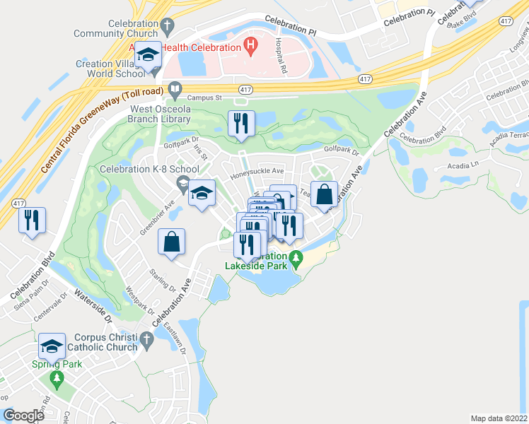 map of restaurants, bars, coffee shops, grocery stores, and more near 512 Water Street in Kissimmee