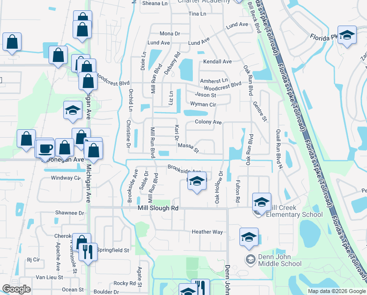 map of restaurants, bars, coffee shops, grocery stores, and more near 1518 Massa Street in Kissimmee