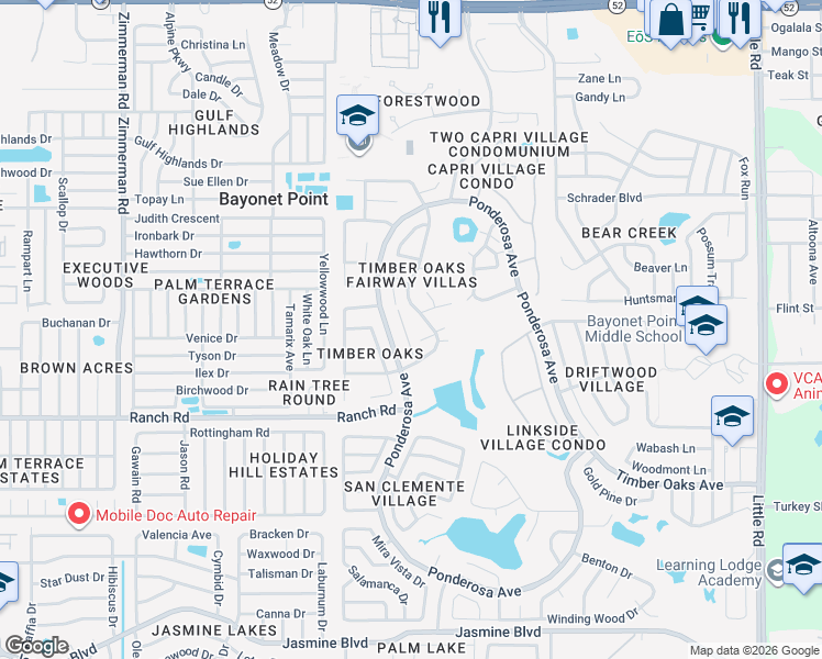 map of restaurants, bars, coffee shops, grocery stores, and more near 11204 Pembridge Court in Port Richey