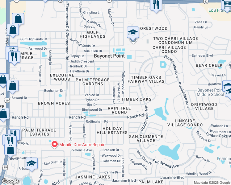 map of restaurants, bars, coffee shops, grocery stores, and more near 11210 Tamarix Avenue in Port Richey