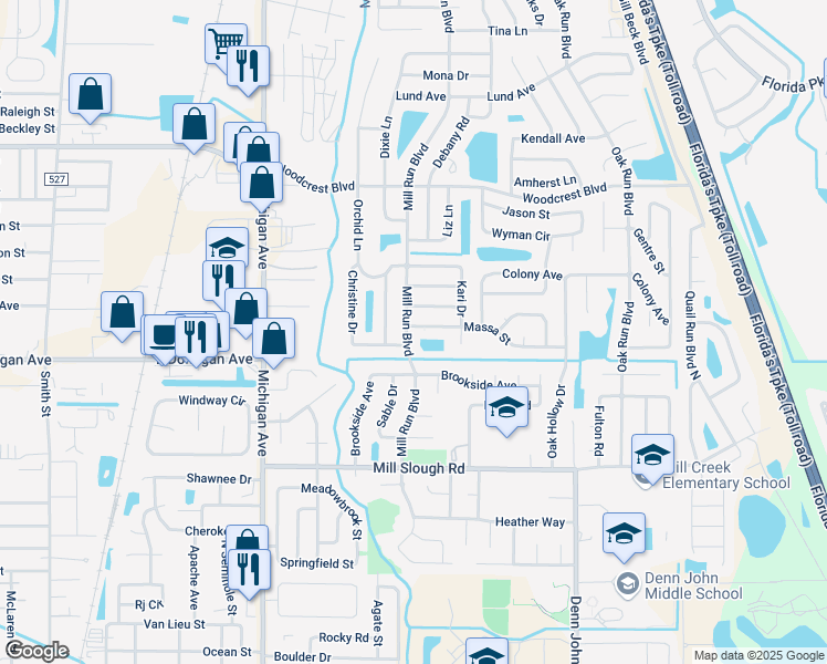 map of restaurants, bars, coffee shops, grocery stores, and more near 2519 Mill Run Boulevard in Kissimmee