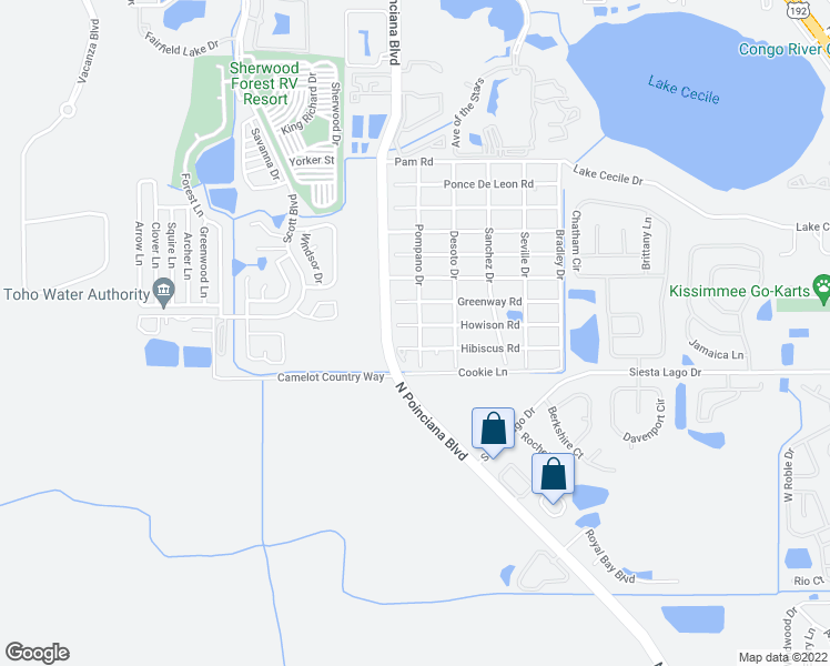 map of restaurants, bars, coffee shops, grocery stores, and more near 2550 Pompano Drive in Kissimmee