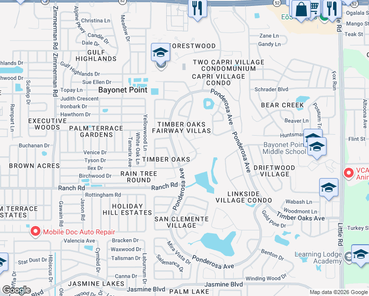 map of restaurants, bars, coffee shops, grocery stores, and more near 11204 Pembridge Court in Port Richey