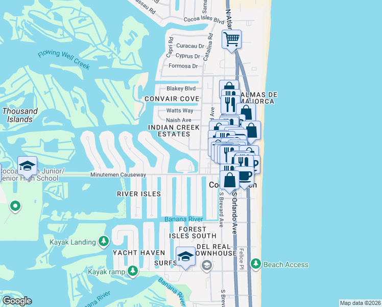 map of restaurants, bars, coffee shops, grocery stores, and more near 434 North 1st Street in Cocoa Beach