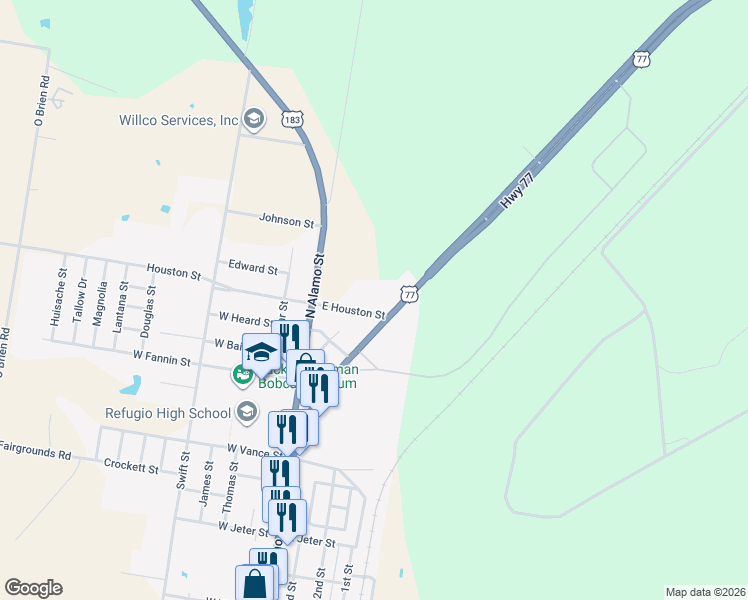 map of restaurants, bars, coffee shops, grocery stores, and more near 116 East Houston Street in Refugio