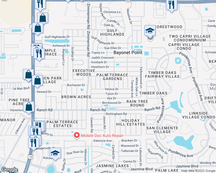 map of restaurants, bars, coffee shops, grocery stores, and more near 11205 Nome Avenue in Port Richey