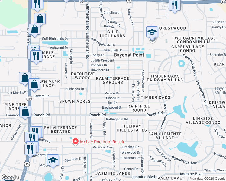 map of restaurants, bars, coffee shops, grocery stores, and more near 11205 Glover Road in Port Richey