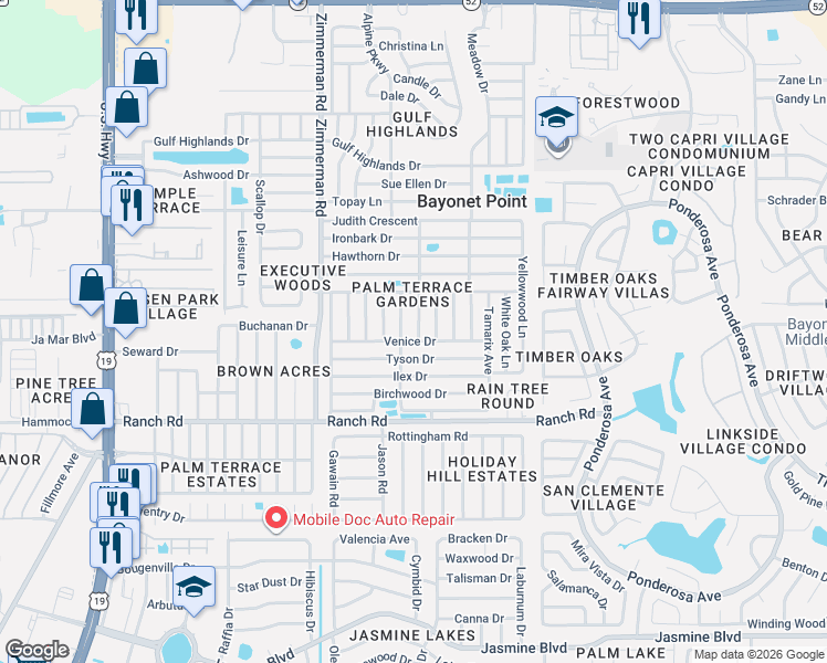 map of restaurants, bars, coffee shops, grocery stores, and more near 11205 Glover Road in Port Richey