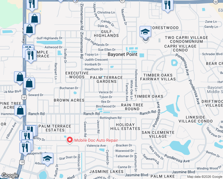 map of restaurants, bars, coffee shops, grocery stores, and more near 11205 Glover Road in Port Richey