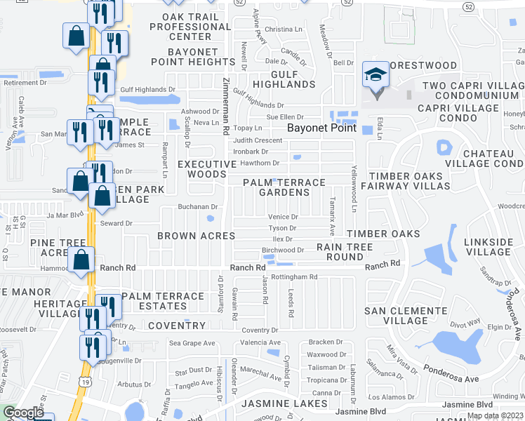 map of restaurants, bars, coffee shops, grocery stores, and more near 11205 Snyder Avenue in Port Richey