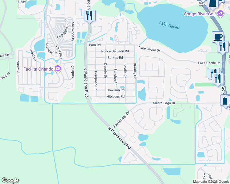 map of restaurants, bars, coffee shops, grocery stores, and more near 5076 Howison Road in Kissimmee