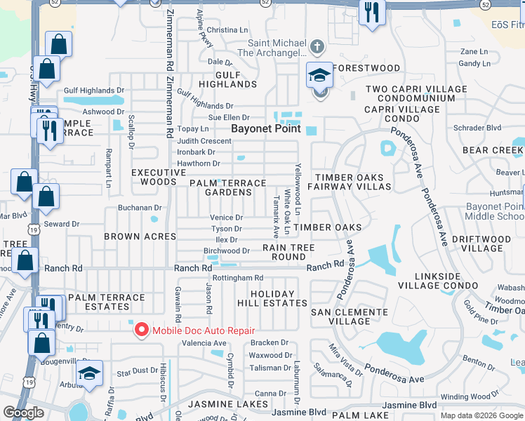 map of restaurants, bars, coffee shops, grocery stores, and more near 11205 Meadow Drive in Port Richey
