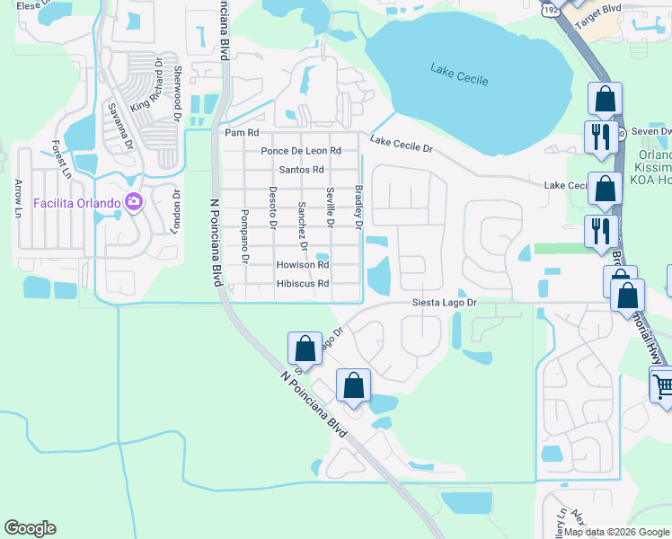 map of restaurants, bars, coffee shops, grocery stores, and more near 5040 Howison Road in Kissimmee