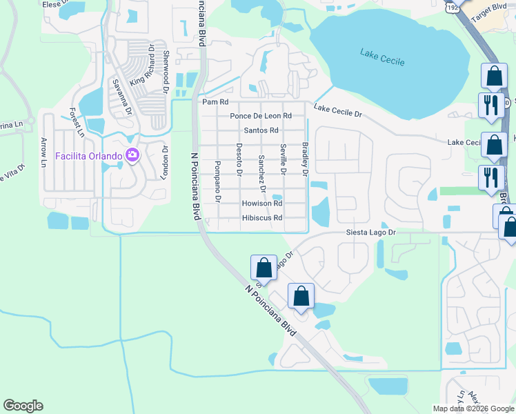 map of restaurants, bars, coffee shops, grocery stores, and more near 5076 Howison Road in Kissimmee